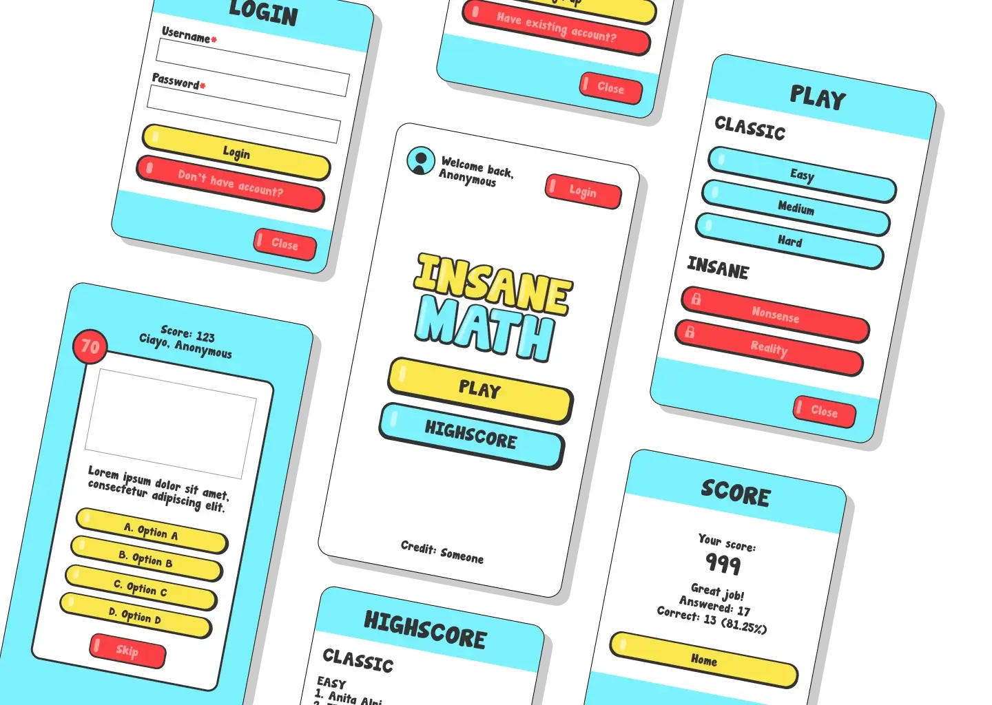 user interface of insane math